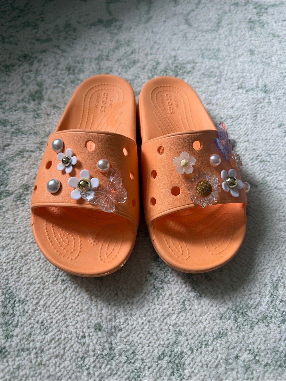 CROCS Peach Orange Slide Sandals with charms included